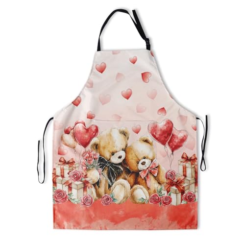 Valentine Day Apron with Pockets Cute Bears Adjustable Bib Aprons for Women Men Holiday (33" x 28"(Pack of 1) / Red Love Bears)