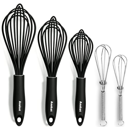 Kitchen Whisk Set of 5 (5+7 & 9+11+12 inch / 5 Pcs Black & Silver)