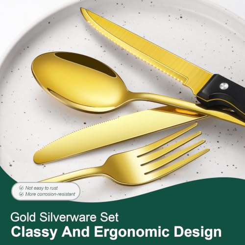 24 Piece Gold Silverware Set with Steak Knives Black Stainless Steel Flatware Set for 4 Food Grade Tableware Cutlery Set Rust (24Pcs-C)