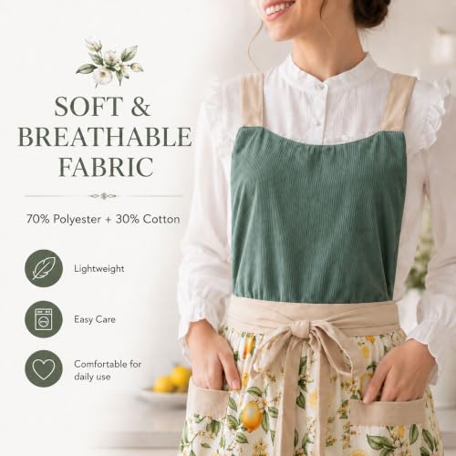 Pinafore Apron Dress for Women with Pockets Adjustable Floral Kitchen Apron (Sage Green)