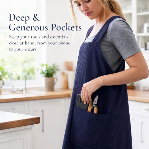Cross Back Linen Cotton Apron with Pockets (Large / Blue)