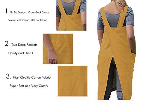 Women's Cross Back Pinafore Apron with Large Pockets Home Kitchen (Large / Yellow)