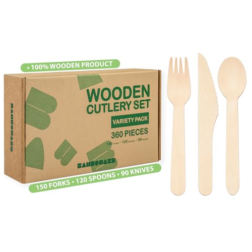 Wooden Cutlery Variety Pack 360pcs (150 forks, 120 spoons, and 90 knives)