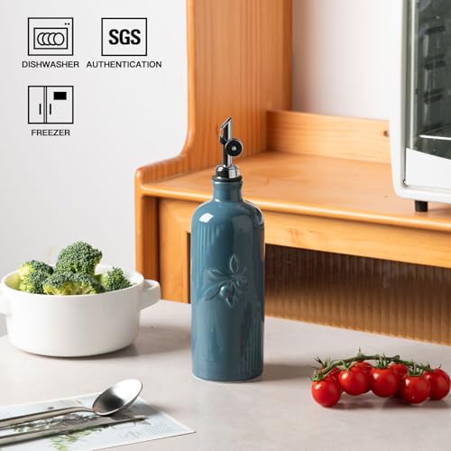 Sweejar Ceramic Olive Oil Dispenser Bottle for Kitchen Counter (Fog Blue / 20 oz (Silver Spout))