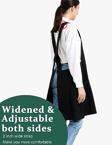 Cozy Adjustable Cross Back Aprons for Women with Pockets Cotton Linen Cooking Kitchen Baking Black (Black)