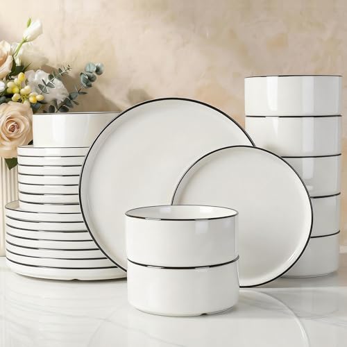 Porcelain 24 Piece Dinnerware Set (White with Black Trim / Service for 8 (Standard Dinner Set))
