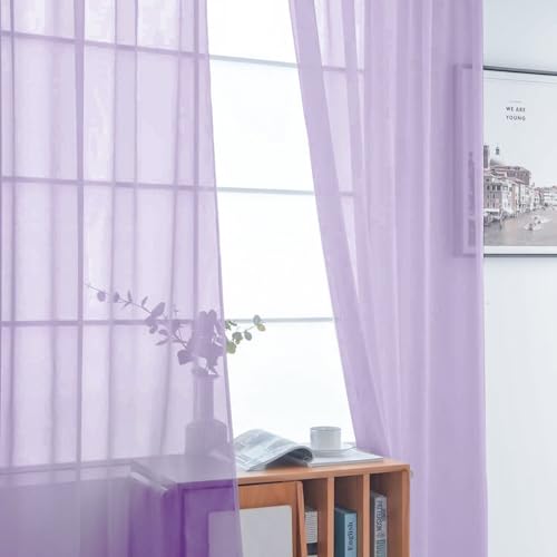 Sheer Voile Window Treatment Rod Pocket Curtain Panels for Kitchen Bedroom Living Room Drapes Sunlight Filtering Privacy Semi Home Decor Assorted (Lavender / 52"W x 63"L (Pack of 2))