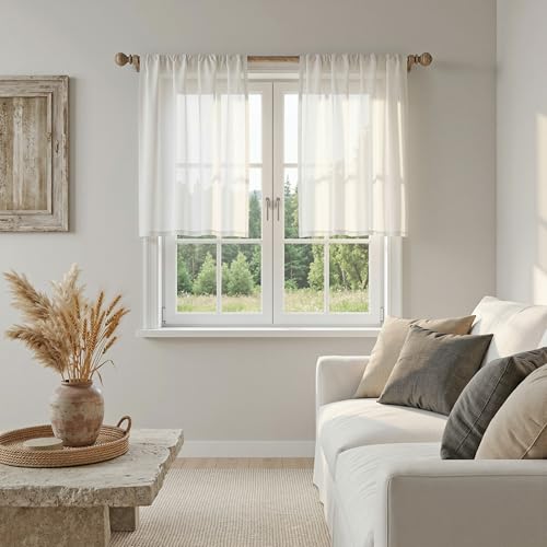 Semi Sheer Natural Linen Curtains 36 Inch Length (34"W x 36"L (Pack of 2) / Beige White)