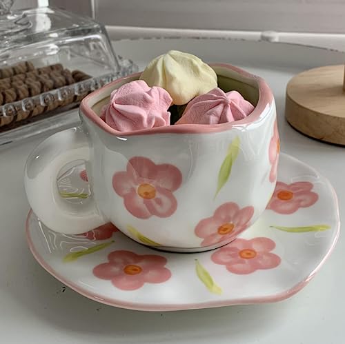 Coffee Mugs Set with Saucer Cute Flowers Cup Gifts for Women Birthday Tea Coffee Mug with Coaster 250 ML Ceramic Cup Birthday Gift for Women Girls Mom Friend Coffee Mug aucer Set (#A Flowers Coffee Mug Set with Saucer)