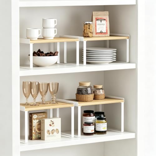 Cabinet Shelf Organizers Set of 4 (Medium / White-bamboo)