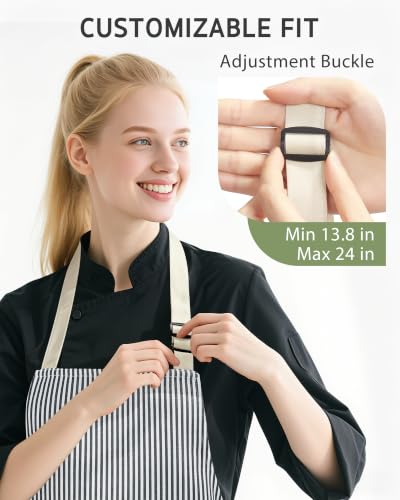 2 Pack Kitchen Apron with 2 Pockets for Women (Stripe Black Blue Pin / 2 Polycotton)