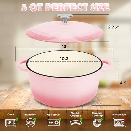 Enameled Cast Iron Dutch Oven Pot with Lid (Pink)