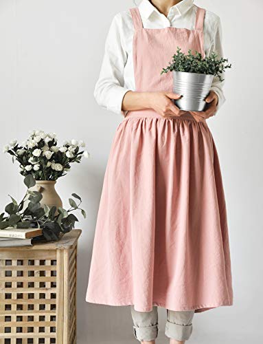 Women Girls Vintage Apron Adjustable Gardening Works Cross Back Cotton (Pink / One Size)