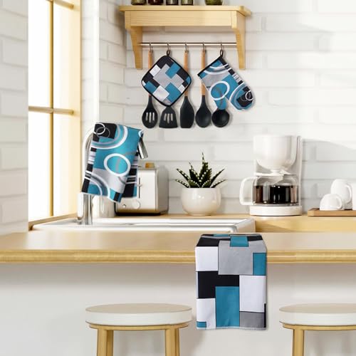 6 Pcs Kitchen Decor Set Accessory Farmhouse Kitchen Towels Pot Holders Oven Mitts Set 2 Dish Towels 2 Pot Holders 2 Cooking Mittens Oven Glove for Cooking (Teal,white, Gray / Geometric)