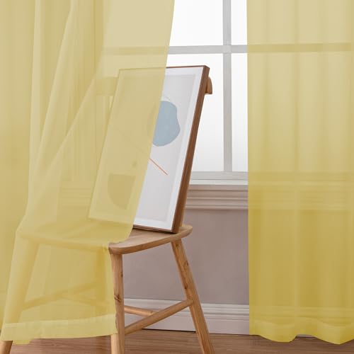 Yellow Short Sheer Curtains 45 Inch Length for Small Windows (Yellow / 42"W x 45"L (Pack of 2))