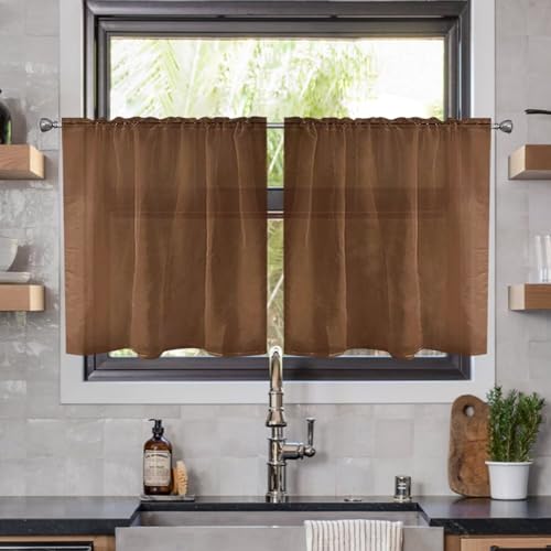 Solid Sheer Rod Pocket Curtain Voile Draperies 2 Panels White Beige Black Ivory Coffee 22 Inch Width 50 Inch Long 1 Pair for Kitchen Bedroom Children Living Room Yard (Brown / 22"W x 50"L (Pack of 2))