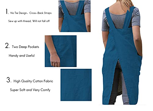 Women's Cross Back Pinafore Apron with Large Pockets Home Kitchen (Small / Lake Blue)