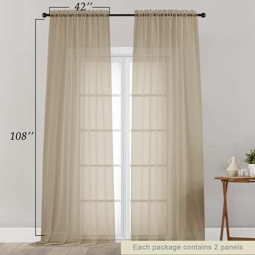 Extra Long Sheer Taupe Curtains for Bedroom Living Room 108 Inches Long 2 Panels Set (Taupe / 42"W x 108"L (Pack of 2))