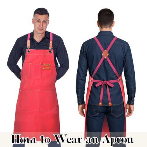 Chef Cotton Canvas Apron for Men Women with Pockets Red (Coral Red)