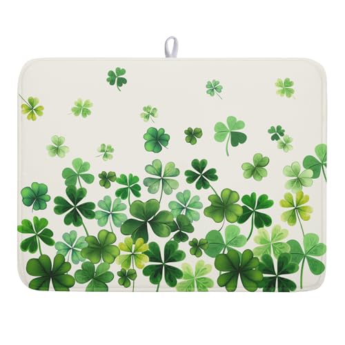 Happy St. Patrick's Day Dish Drying Mat for Kitchen Green Kitchen Dish Drying Mat for Dishes Spring Lucky Clover Shamrock Drying Mats 18x24 Inch Absorbent Reversible Dish Pad for Countertop Coffee Bar (Happy St. Patrick's Day Clover / 18" x 24")