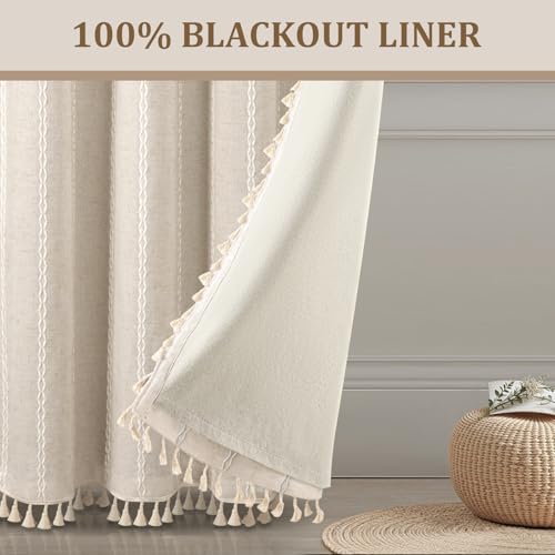 Cream 100% Boho Blackout Curtains 63 Inch 2 Panels with Tassels (Creamy White / 52"W x 63"L (Pack of 2))