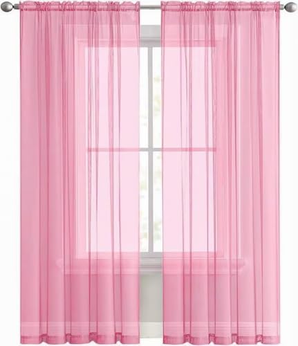 Basic Rod Pocket Sheer Voile Window Curtain Panels Pink 1 Pair 2 Panels 52 Width 90 Inch Long for Kitchen Bedroom Children Living Room Yard（Pink (Pink / 52"W x 90"L (Pack of 2))