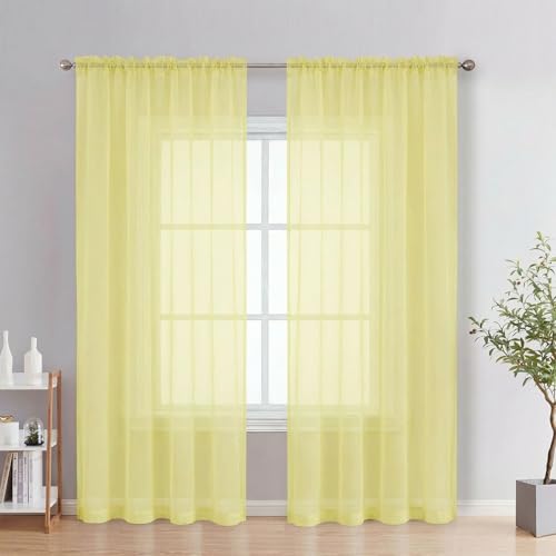 Sheer Curtains 84 Inches Long 2 Panels Set (Light Yellow / 42"W x 84"L (Pack of 2))