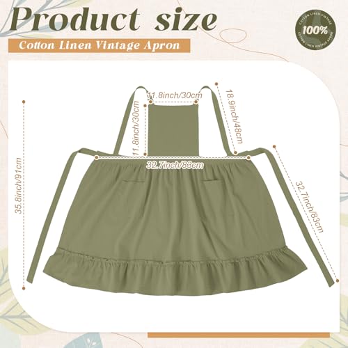 100% Cotton Aprons with Pockets Pinafore Dress for Women Vintage Cotton Apron for Christmas Kitchen Cooking Gifts (Olive Green / Vintage)