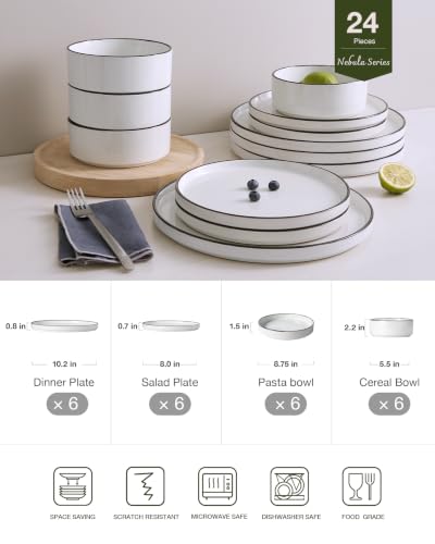 Nebula 24 Piece Stoneware Dinnerware Set with Pasta Bowls (White with Black Rim / Service for 6 (Include Pasta Bowls))