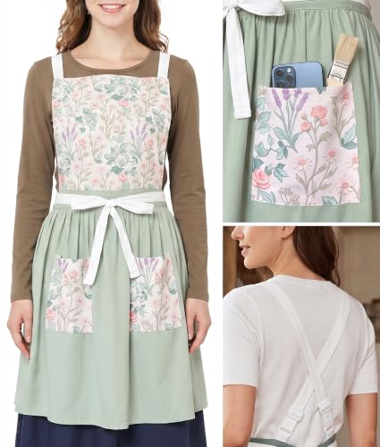 Vintage Aprons for Women with Pockets Cute Pinafore Apron Dress for Kitchen Cooking Baking Gardening (Floral Light Green and White)