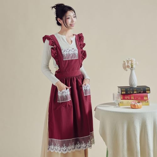 Cute Cotton Apron Frilly Lace Ruffle Adjustable Pinafore Apron Dress with Pockets for Cooking Baking Cleaning Gardening (Carmine)