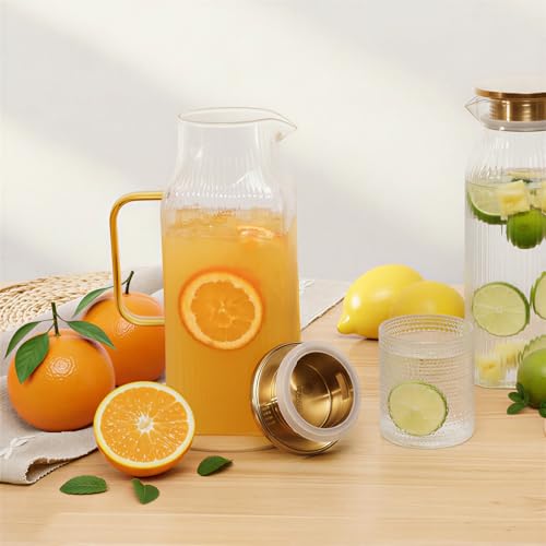 2 Pack 68oz 2 Liter Square Glass Pitchers with Handle and Lid (Square Stripes-1)