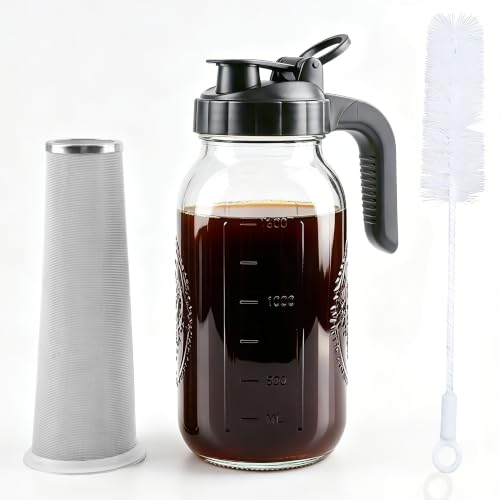 Cold Brew Coffee Maker 64oz Glass Mason Jar with 304 Stainless Steel Filter (Black / 64OZ)