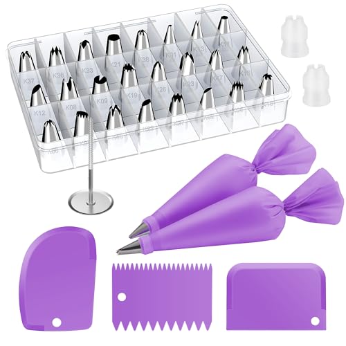 32 Piping Bags and Tips Set Frosting Piping Kit for Beginners & Pros (Purple)
