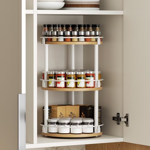 3 Tier Lazy Susan Organizer (10.2"L x 10.2"W x 18"H / White + Natural)