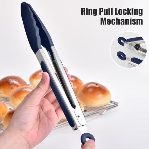 Kitchen Tongs with Silicone Tips for Cooking Serving (Set of 2 (9+12in) / Navy Blue)