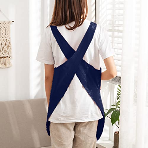 Cotton Cross Back Aprons Solid Color Cooking Kitchen Garden Smock for Women Girls with Pockets (Navy Blue / 37W x 32L)