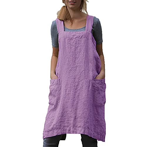 Cotton Linen Apron Cross Back Apron for Women with Pockets Pinafore Dress for Baking Cooking (Purple / 3X-Large)