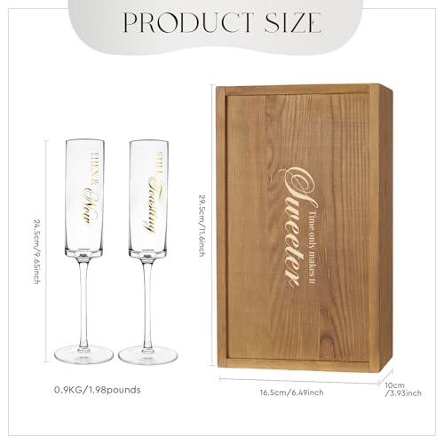 Anniversary Champagne Flutes Set of 2 with Wooden Keepsake Box (Anniversary（Brown） / Set of 2（Wooden box）)