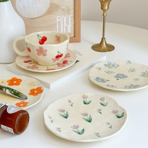Cute Mug Flower Teacup and Saucers Set for Mom 8 oz (Red Cherry)