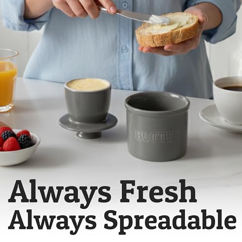 Butter Crock with Lid for Countertop with Spreader Knife and Water Line (Gray / Regular)