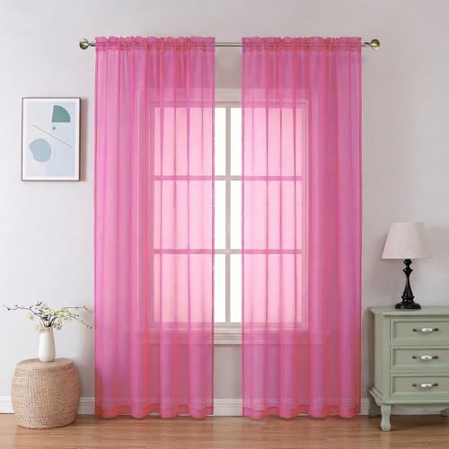Hot Pink Sheer Curtains 84 Inches Long 2 Panels Set for Living Room (42"W x 84"L (Pack of 2) / Hot Pink)