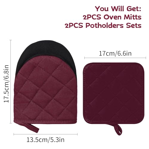 Oven Mitts and Pot Holders Set (Dark Red / 4 Pieces Set)