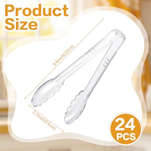 24 Pc Plastic Tongs for Serving 9 Inch Bulk Reusable or Disposable Tongs Heavy Duty Hard Serving Utensils Set Large Salad Tong for Kitchen Party Food Buffet Appetizer BBQ Event Catering Clear (Clear)