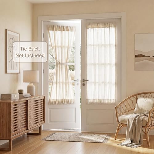Linen French Door Curtains for Door Window 40 Inch Length 2 Panels Short Semi Sheer Light Filtering Curtain for Glass Small Window Drapes Rod Pocket for Bedroom Bathroom (26"W x 40"L (Pack of 2) / Linen)