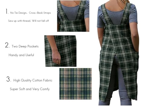 Women's Pinafore Square Apron Baking Cooking Gardening Works Cross Back Cotton (Large / Gingham-green)