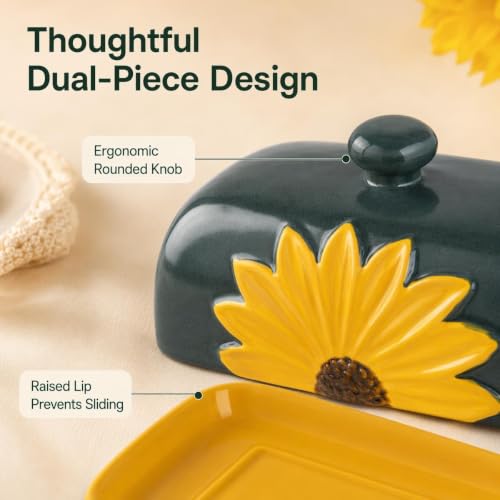 Ceramic Sunflower Covered Butter Dish With Lid Yellow Tray Green Lid Keeper