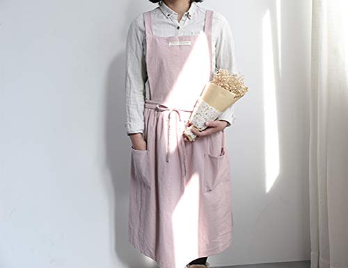 Women Girls Vintage Apron Adjustable Gardening Works Cross Back Cotton (Lightpink / Large)