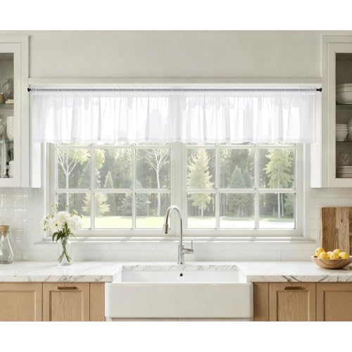 4 Panels White Valance Short Valance Sheer Curtains 42 x 14 Inches (42"W x 14"L (Pack of 4) / White)
