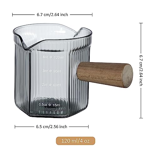 4 oz Grey Double Spouts Measuring Triple Pitcher Milk Cup with Wood Handle (4 Oz Double Spouts Smoke Grey Colored Measuring)